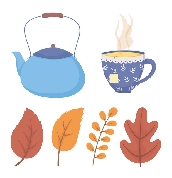 koffietijd en thee, blauwe theepot en kopje met blaadjes pictogrammen - Vector, afbeelding