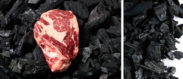 collage van verse rauwe biefstuk op zwarte kolen op witte achtergrond - Foto, afbeelding