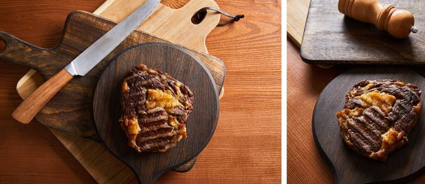 collage of tasty grilled steak served on wooden boards with knife - Foto, immagini