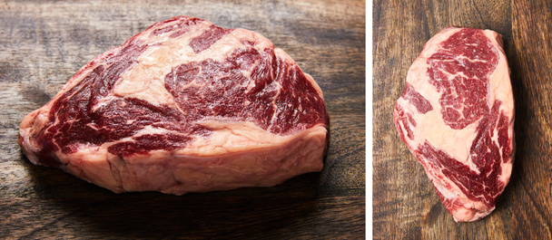 collage of fresh raw steak on wooden cutting board - Photo, Image