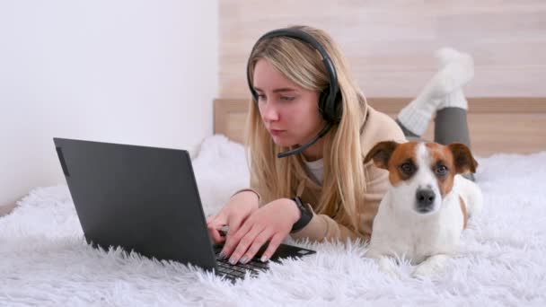 Distant online work. A young girl freelancer is working on a laptop at home in her bed near lies a cute little dog. Distance learning. Work from home concept. animals and people - Materiaali, video