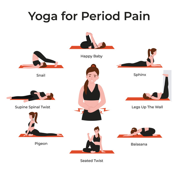 Conjunto de posturas de yoga o asana para el dolor menstrual femenino. Posturas simples para principiantes. Dibujos animados vector plano ilustración moderna
.  - Vector, Imagen