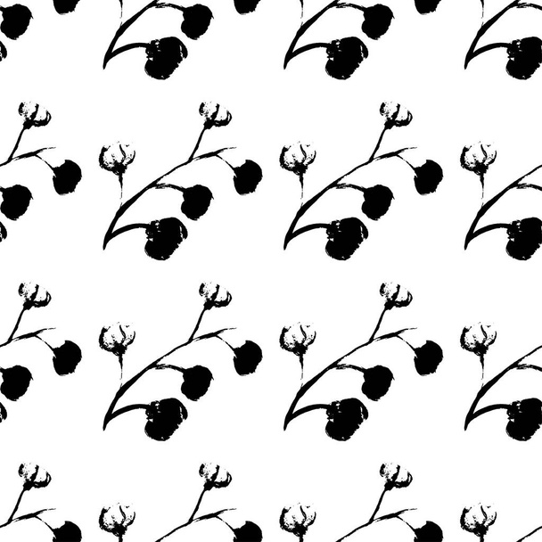 Black white is a seamless pattern. Monochrome pattern consists of flowers and leaves drawn by hand brush. A beautiful repetitive pattern of plants and flowers. Vector eps illustration. - Wektor, obraz