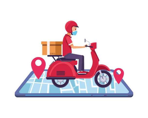 smartphone with delivery worker using face mask in motorcycle - Vector, Image