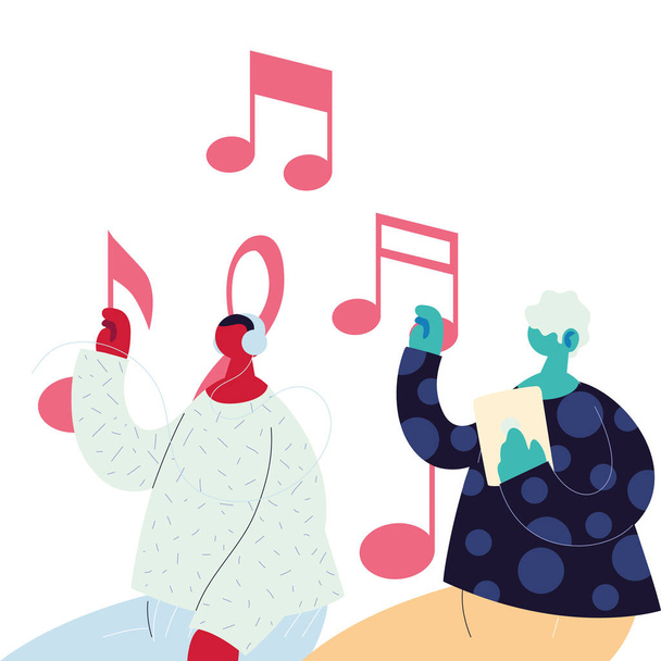 hombres escuchando música con dispositivos electrónicos
 - Vector, imagen