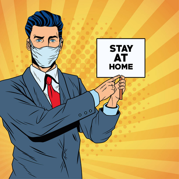 бизнесмен использует маску для лица для коварства с баннером "Оставайся дома"
 - Вектор,изображение