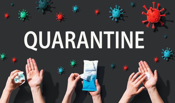 Quarantine theme with viral and hygiene objects - Foto, Imagen