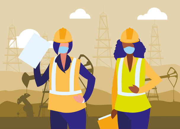 industrial worker women working with face mask - Vector, Image