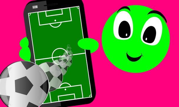 Green doll showing the mobile screen. Expression face. Playing field. Soccer balls, football. Relating to the game, betting and competition. Illustration with lines, areas, zones of this sport. - Photo, Image
