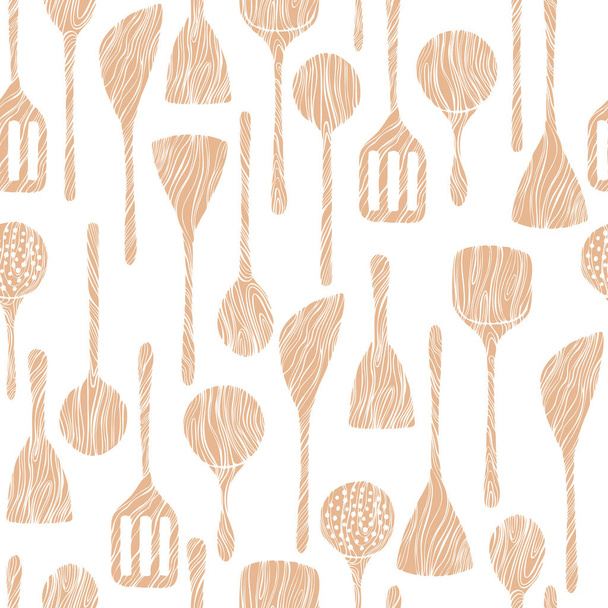 Herramientas de cocina de madera dibujadas a mano. Patrón sin costura vectorial
 - Vector, Imagen