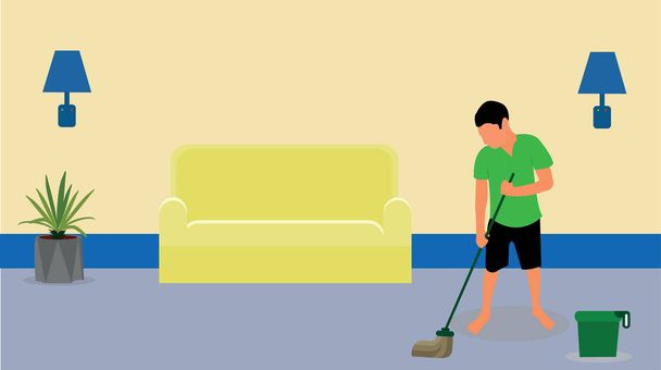 мужчина чистит пол в доме векторная работа в квартире иллюстрация
 - Вектор,изображение