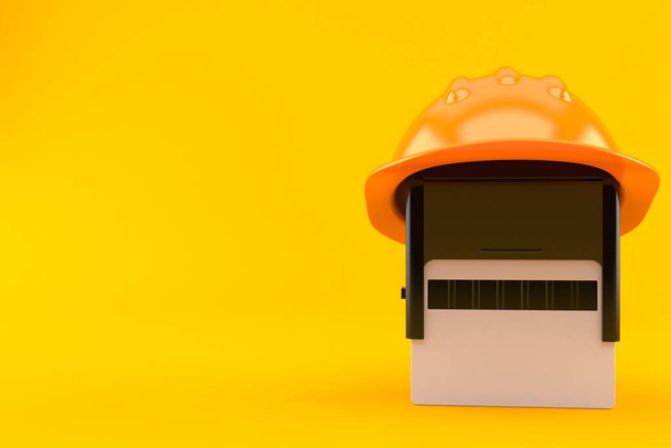 ハード帽子オレンジの背景に隔離されたラバースタンプ。3Dイラスト - 写真・画像