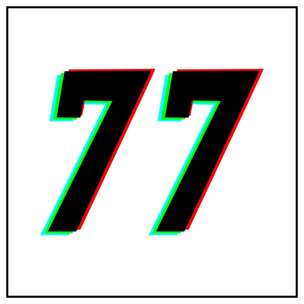 Číslo 77, sedmdesát sedm vektorové desing log.Dynamické, split-color, odstín čísla červená, zelená, modrá v černém rámečku na bílém pozadí.Pro sociální média, designové prvky, oslava výročí - Vektor, obrázek