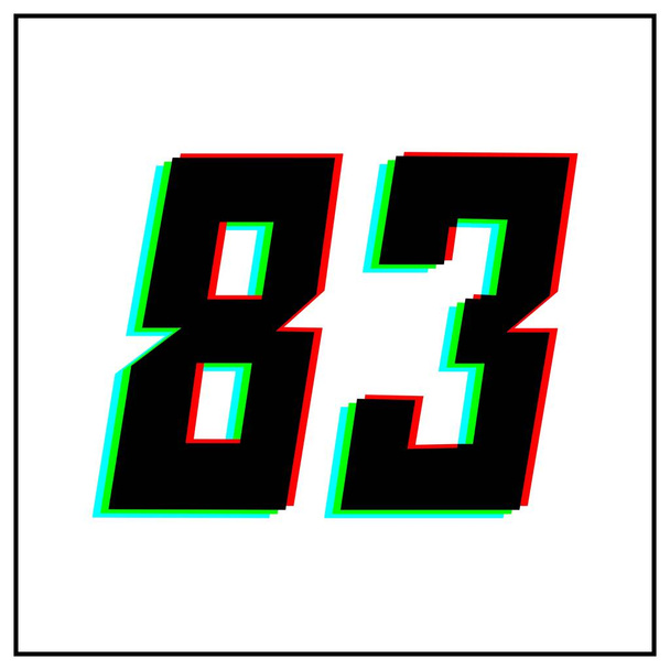 83-as szám, 83-as szám, 83-as vektor tervező logó.Dinamikus, osztott színű, a piros, zöld, kék árnyéka fekete keretben, fehér hátterben.Közösségi média, design elemek, évfordulós köszöntés - Vektor, kép