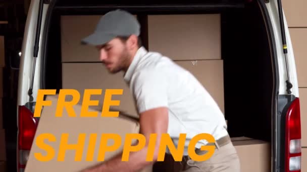 Animation of the words Free Shipping over man delivering goods, unloading car. E-commerce and delivery services in lockdown during coronavirus covid 19 epidemic concept digital composite. - 映像、動画