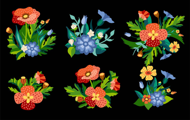 Set of Wild floral bouquets of poppies and cornflowers with green leaves in decorative flat style. Botanical natural herbs isolated on white background. Vector illustration - Vector, Image