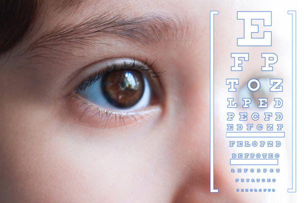 Briefkaart voor het uitvoeren van controle visuele scherpte op kind meisje achtergrond. Concept van het gezichtsvermogen meting. Test op gezichtsvermogen van het kind. - Foto, afbeelding