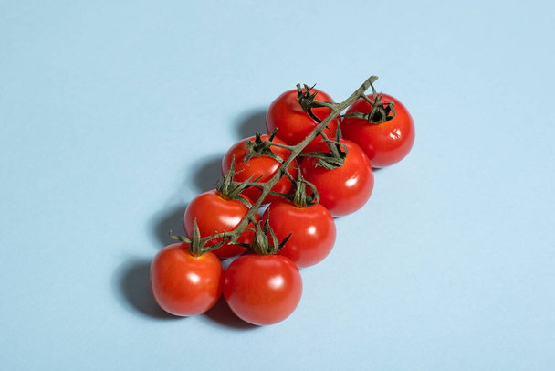 Ein Zweig roter Tomaten auf blauem Hintergrund. Minimal . - Foto, Bild