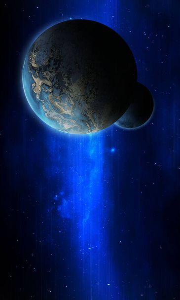 abstracto espacio ilustración, 3d imagen, planeta en el brillo azul, estrellas, fondo
 - Foto, Imagen