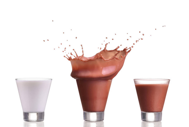 Молоко и шоколадное какао всплеск в стакане изолированы на белом фоне
 - Фото, изображение