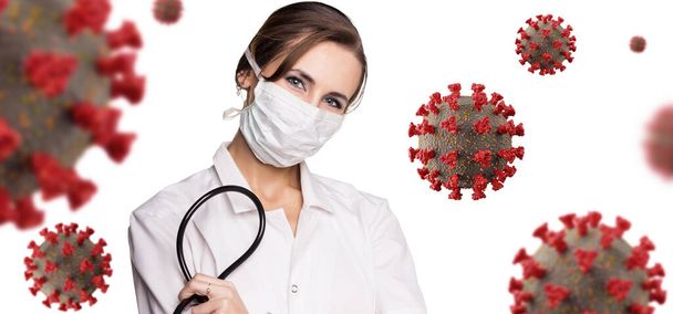 Nuori nainen lääkäri keskuudessa virussolujen koronavirus
. - Valokuva, kuva