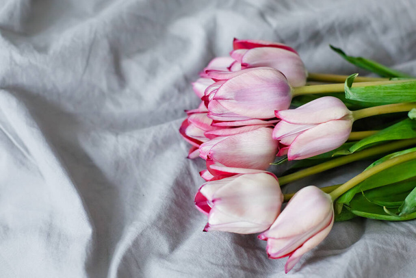Rózsaszín tulipán a szürke lepedőn az ágyon. Lapos elrendezés, minimalizmus. Húsvét, tavaszi virág koncepció, másolás. Anyák vagy nők napja. - Fotó, kép