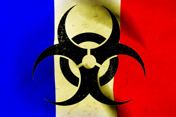 BIOHAZARD Symbol auf dem Hintergrund der französischen Flagge. 3D-Modell. Ausleihe. - Foto, Bild