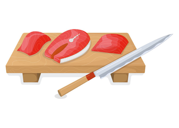 Krájené tuňáka rohlík a losos sníh na dřevěné kuchyňské desce koncepce izolované na bílém, karikatura vektorové ilustrace. Design přípravy mořských plodů, speciální materiál pro vaření, ostrý nůž plátky masa. - Vektor, obrázek