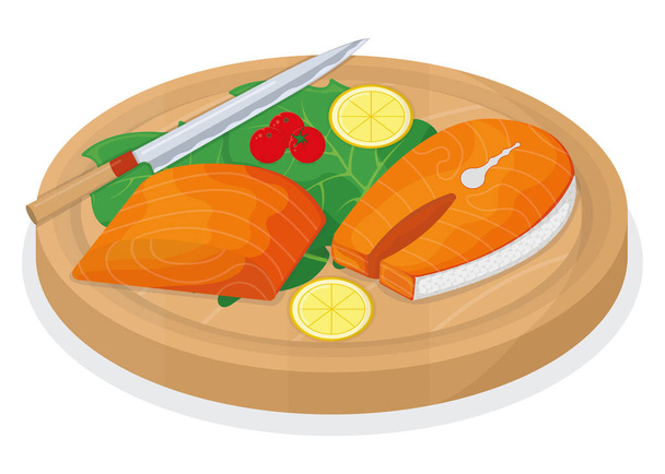 白、漫画のベクトルイラストに隔離された木製のキッチンボードのコンセプトでマグロの魚のロールとサーモンのミンナウを切り取ります。デザインの準備魚介類、料理のための特別なもの、鋭いナイフスライス肉. - ベクター画像
