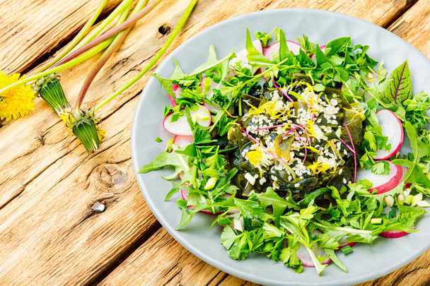 Tasty salad of seaweed, herbs, sesame seeds and radishes - Foto, Imagen