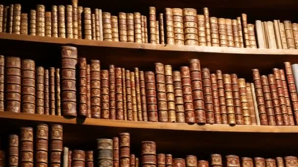 Prachtige vintage oude boekenplanken met naamloze boeken. Interieur van de Oostenrijkse Nationale Bibliotheek met een aantal oude vintage boeken op de planken. De grootste bibliotheek van Oostenrijk - Video