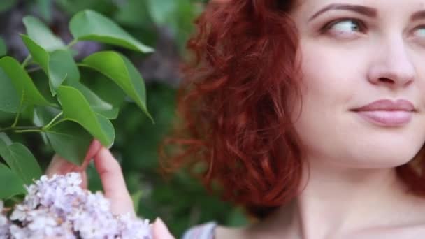 Vermelho cabelo bonito caucasiano mulher no vestido de verão relaxante no parque, cheirando flores lilás e sorrindo alegremente. Retrato de headshot em um dia de primavera ensolarado
 - Filmagem, Vídeo