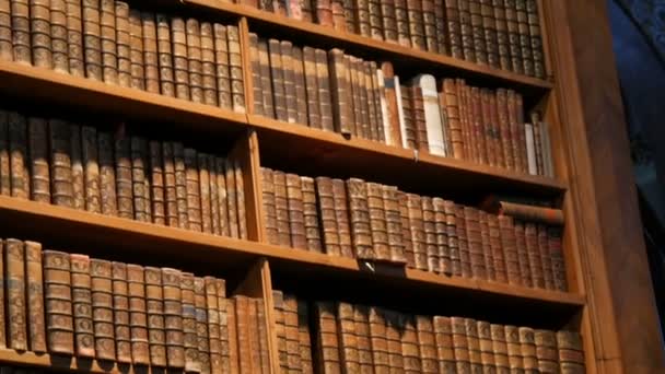 Gyönyörű régi könyvespolcok névtelen könyvekkel. Az Osztrák Nemzeti Könyvtár belseje több régi évkönyvvel a polcokon. Ausztria legnagyobb könyvtára - Felvétel, videó