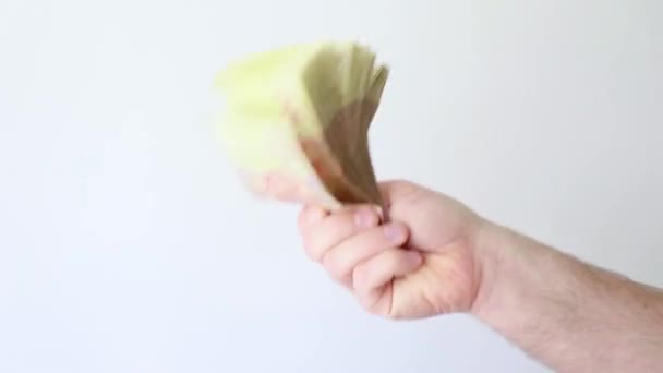 een man binnen houdt een hoop geld in zijn hand - Video
