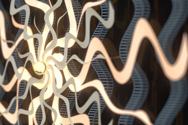 Rotation spirale avec courbe dorée, fond abstrait et sacré, rendu 3d. Dessin numérique informatique
. - Photo, image