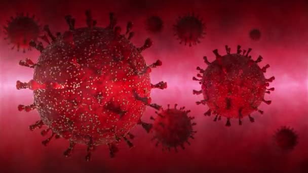 3D animation πολλών κόκκινων ιών στη λάμψη ενός ματωμένου φόντου. Η ιδέα του κινδύνου του covid-19 coronavirus, μια παγκόσμια πανδημία. ιατρικό ιστορικό παρουσιάσεων και συνθέσεων. - Πλάνα, βίντεο