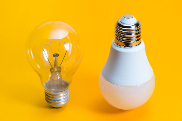 Light bulbs. isolated of Incandescent bulbs, fluorescent bulbs, orange old generation bulb, Tungsten bulb, and white energy saving bulb. - Photo, Image