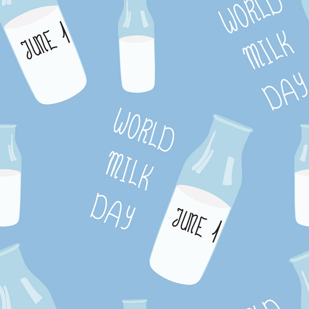 Nahtloses Muster des Weltmilchtages am 1. Juni. Glasflasche mit Milch in Menschenhänden im blauen Kreis. Vector Stock Illustration isoliert auf blauem Hintergrund in flachem Cartoon-Stil. Glücklicher Tag der Milch! - Vektor, Bild