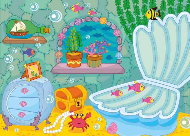 Room mermaid in an underwater house, fish swim and crab steals pearls - Vector, Image