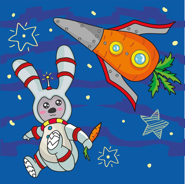 hare astronaut flies in space with a carrot - Vector, Image