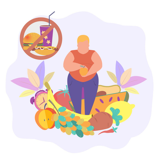 Η παχυσαρκία και ανθυγιεινή διατροφή. Το πρόγραμμα ενέργειας απέτυχε. Προσαρμογή φαγητού. Ένας διατροφολόγος μιλάει για μια υγιεινή διατροφή. Φροντίδα για την υγεία και τη διατροφή, σεμινάριο, webinar για το θέμα - Διάνυσμα, εικόνα