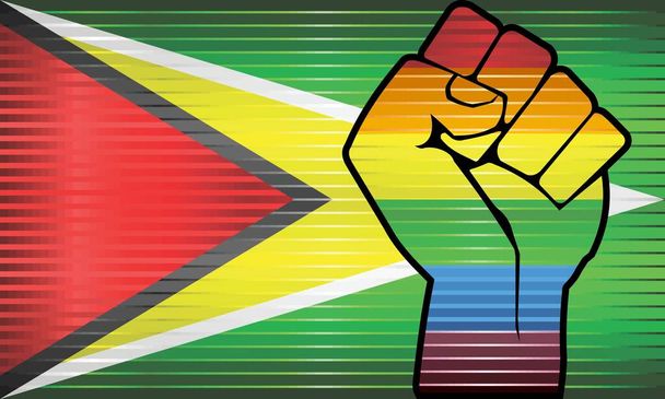 Fényes LMBT tiltakozó ököl egy guyanai zászlóra - Illusztráció, elvont fényes guyana és meleg zászlók - Vektor, kép