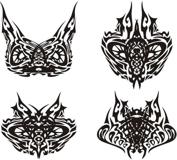 La máscara asustadiza de búho tribal - cuatro cabezas sabias. Ojos de búho decorativos para máscaras de carnaval, Halloween, grabados, tatuajes, bordados, textiles, estampados, etc. Negro sobre blanco
 - Vector, imagen
