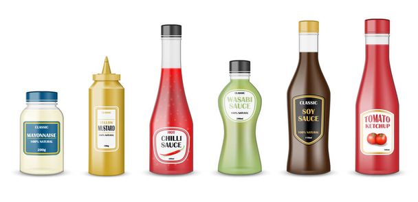 Conjunto de botellas de salsa. envases de botellas de vidrio realistas con salsa de tomate, mayonesa, mostaza, chile caliente y salsas de soja. Embalaje de plástico condimentado para salsas de comida rápida. ilustración vectorial
 - Vector, Imagen