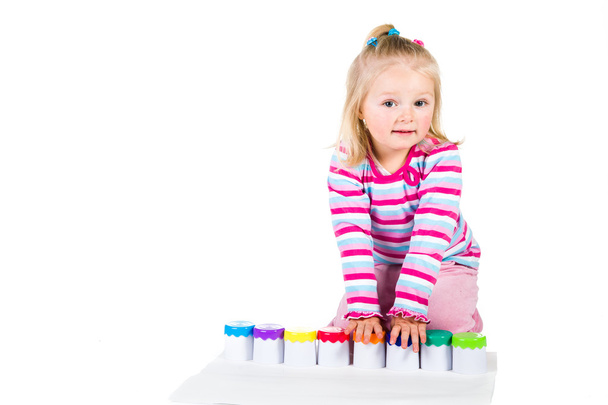 Child painting with fingers isolated on white - Foto, Bild