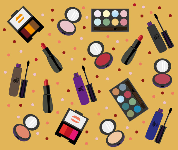 colored jars, boxes and bottles with mascara, blush, eyeshadow, lipstick scattered randomly on a yellow background - Vector, Image