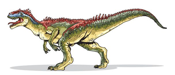 漫画スタイルのイラストは、アロサウルスを示しています-中生代の小売. - ベクター画像