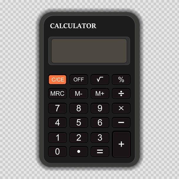 Elektroniczny czarny kalkulator na przezroczystym tle. Izolowana ilustracja wektora. EPS 10 - Wektor, obraz