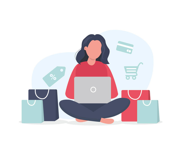 жінка купує онлайн з ноутбуком, просто векторна ілюстрація
   - Вектор, зображення
