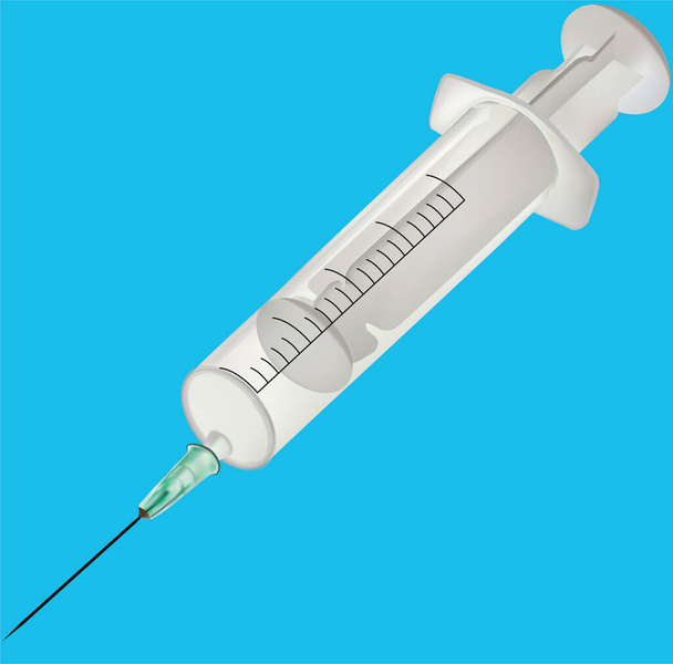 Jeringa médica con aguja de inyección desechable sobre fondo azul. Ilustración 3D, imagen 3D
 - Foto, Imagen